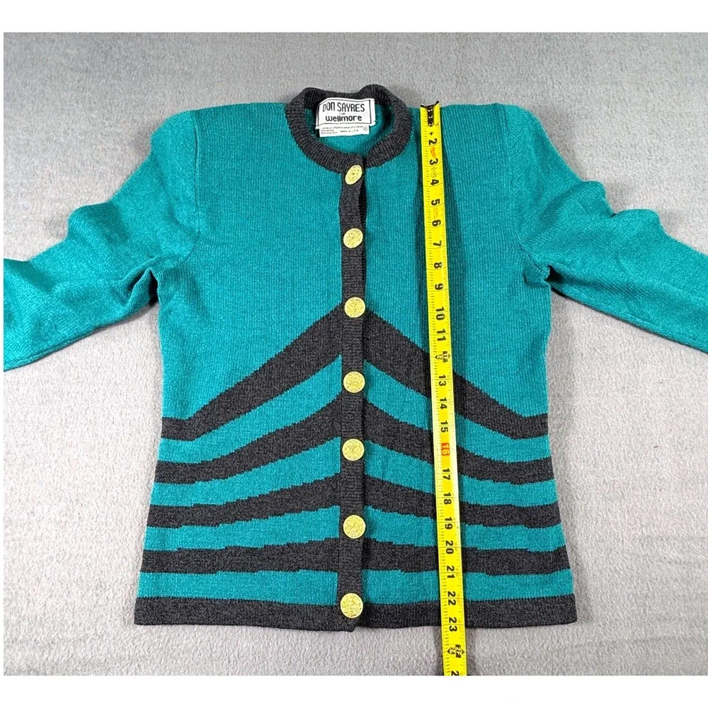 VTG 80s Don Sayres Wellmore Cardigan Wool Rayon USA Teal Gray Womens M Americana - Picture 7 of 9